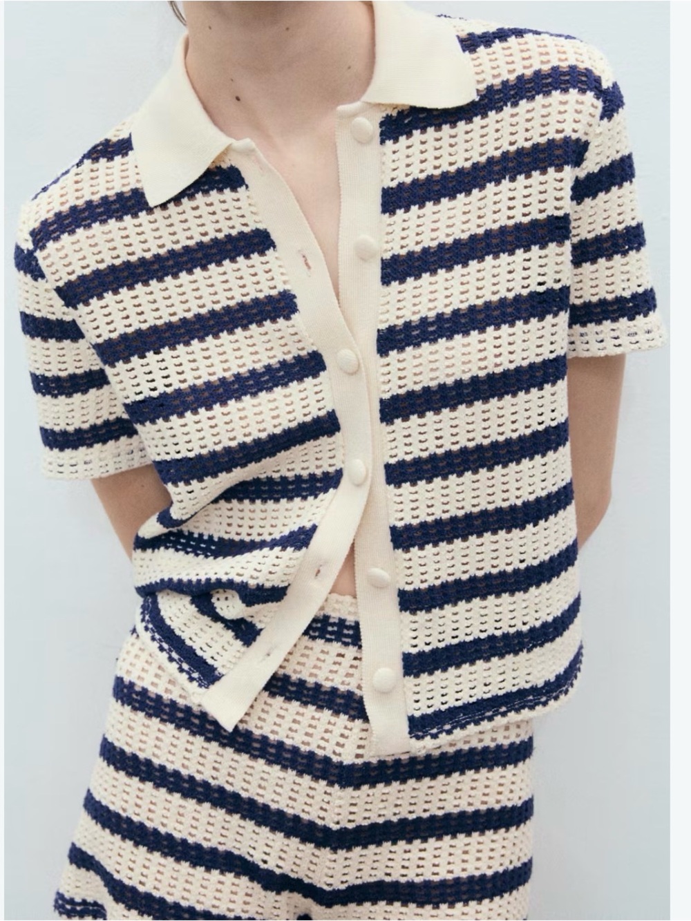 Mango Striped Crochet Button-Down Top - Cream & Navy- size 10